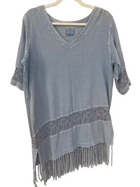 Sea Breeze Tunic Top Medium Asymmetrical Lace Fringe Hem Blue Cotton Bohemian